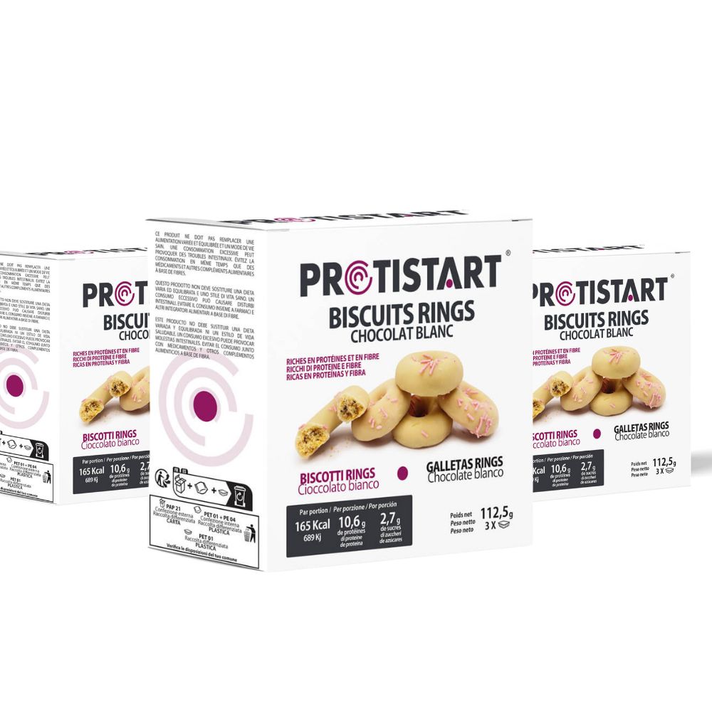 Pack de 3 Aros de Galletas Proteicas de Chocolate Blanco - Protistart | Merienda Saludable y Gourmet | Rico en Proteínas | Ideal para deportistas y dietas de adelgazamiento.