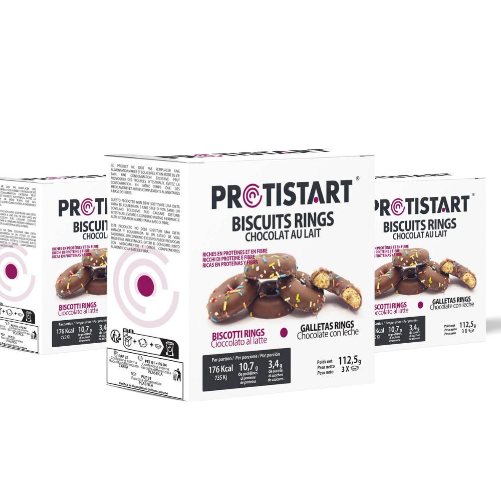 Set de 3 cajas de Galletas Proteicas de Aros de Chocolate con Leche - Protistart | Merienda Saludable y Gourmet | Rico en Proteínas | Ideal para deportistas o objetivos nutricionales.