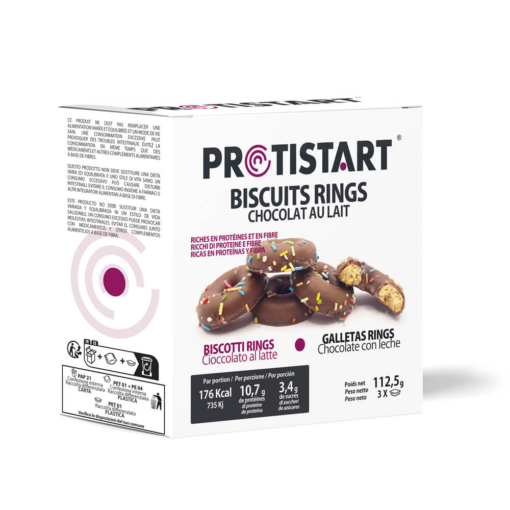 Set de 3 cajas de Galletas Proteicas de Aros de Chocolate con Leche - Protistart | Merienda Saludable y Gourmet | Rico en Proteínas | Ideal para deportistas o objetivos nutricionales.